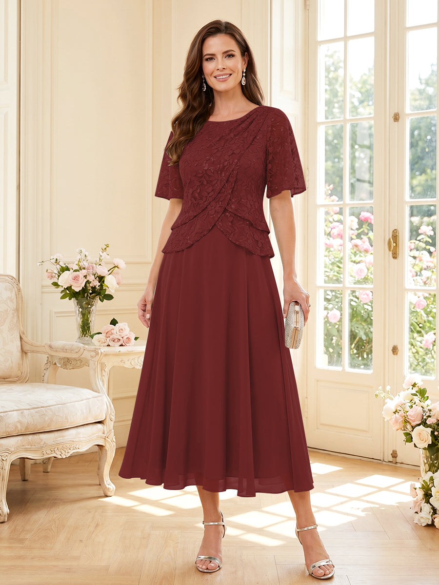 A-Line/Princess Scoop Half Sleeves Tea-Length Mother of the Bride Dresses with Lace & Ruffles