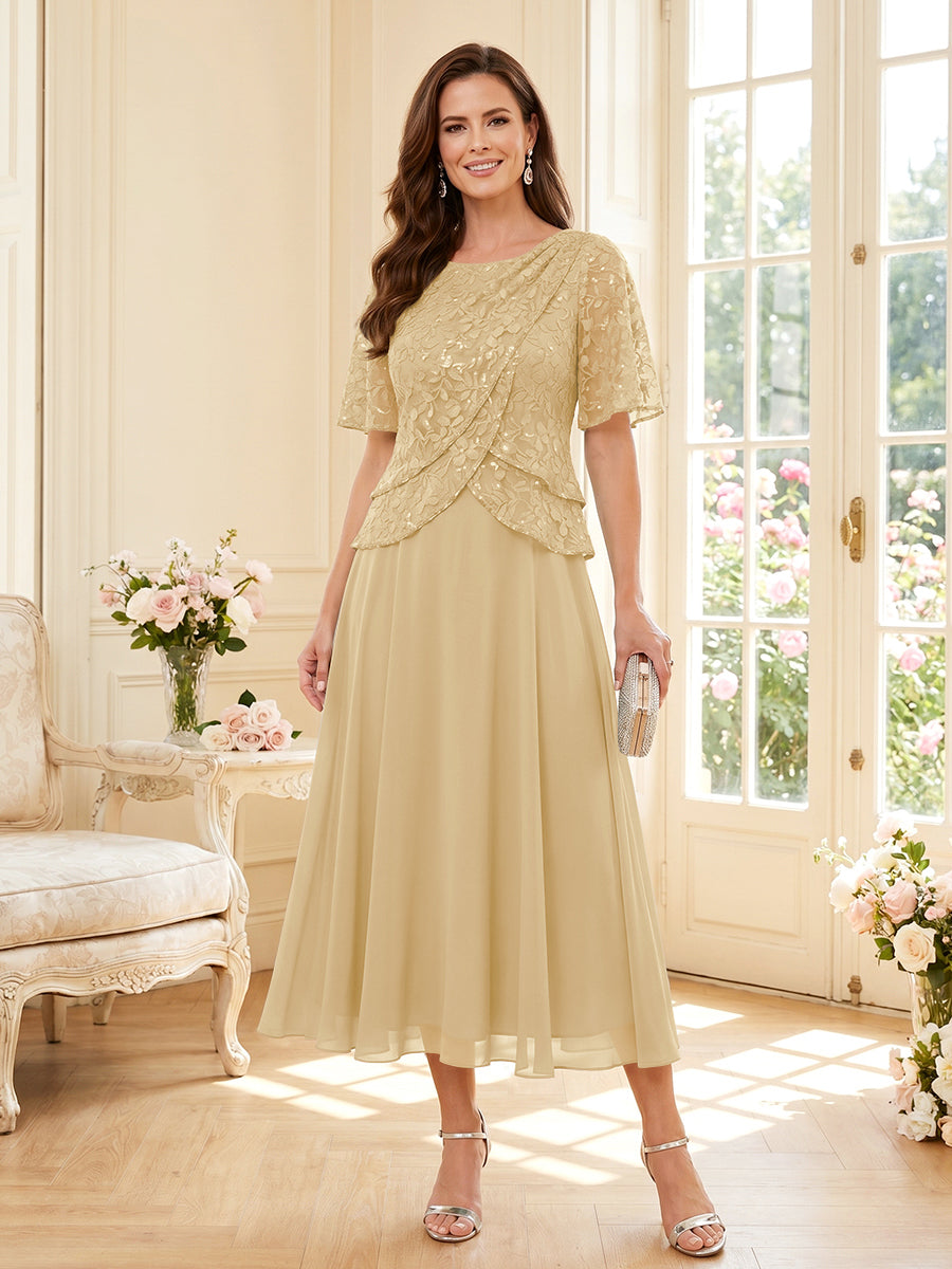A-Line/Princess Scoop Half Sleeves Tea-Length Mother of the Bride Dresses with Lace &amp; Ruffles