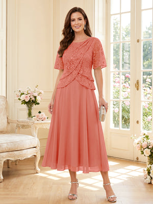 A-Line/Princess Scoop Half Sleeves Tea-Length Mother of the Bride Dresses with Lace & Ruffles