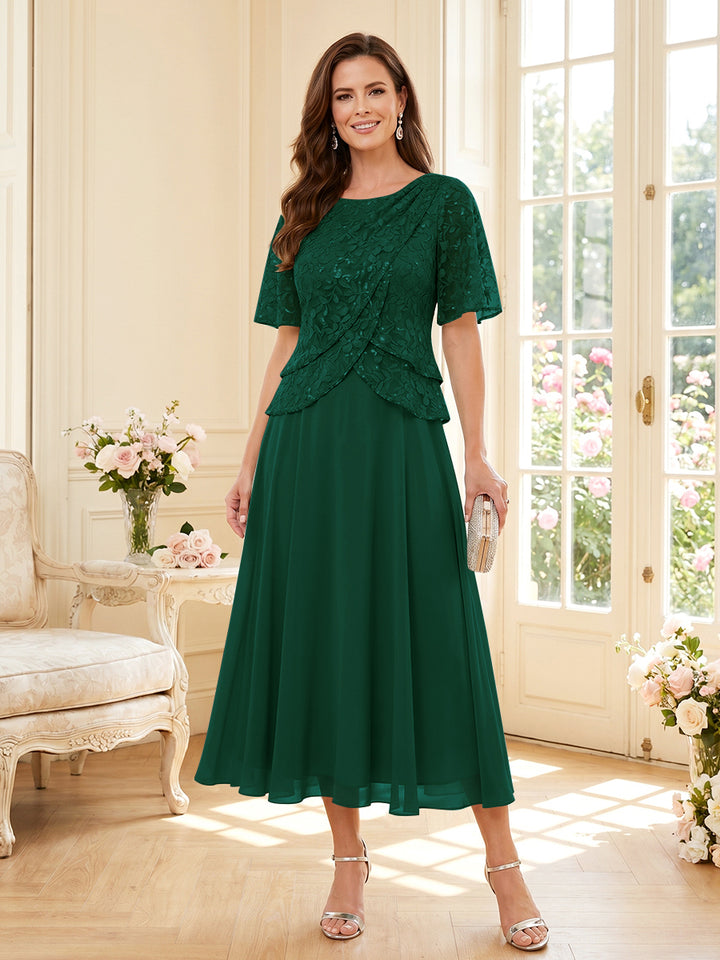 A-Line/Princess Scoop Half Sleeves Tea-Length Mother of the Bride Dresses with Lace &amp; Ruffles
