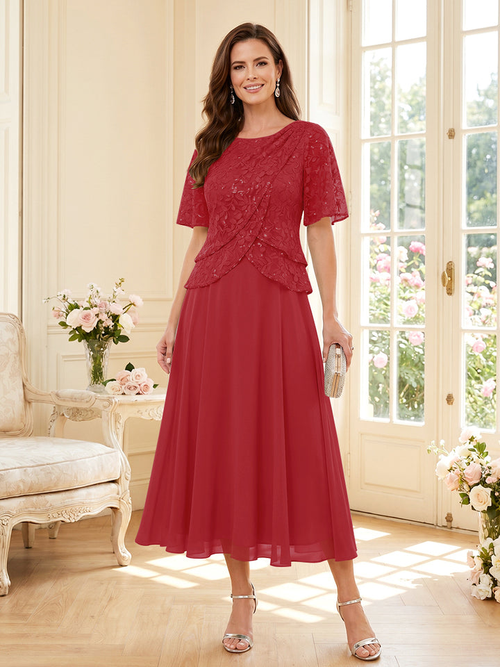 A-Line/Princess Scoop Half Sleeves Tea-Length Mother of the Bride Dresses with Lace &amp; Ruffles