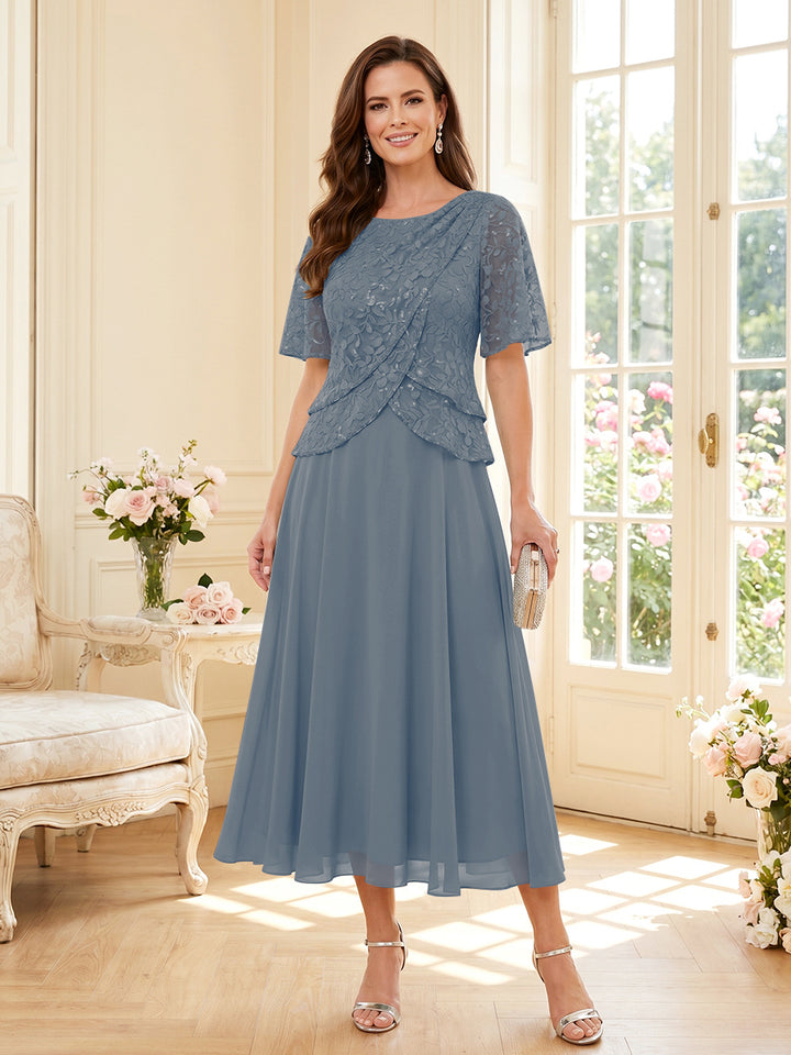 A-Line/Princess Scoop Half Sleeves Tea-Length Mother of the Bride Dresses with Lace &amp; Ruffles