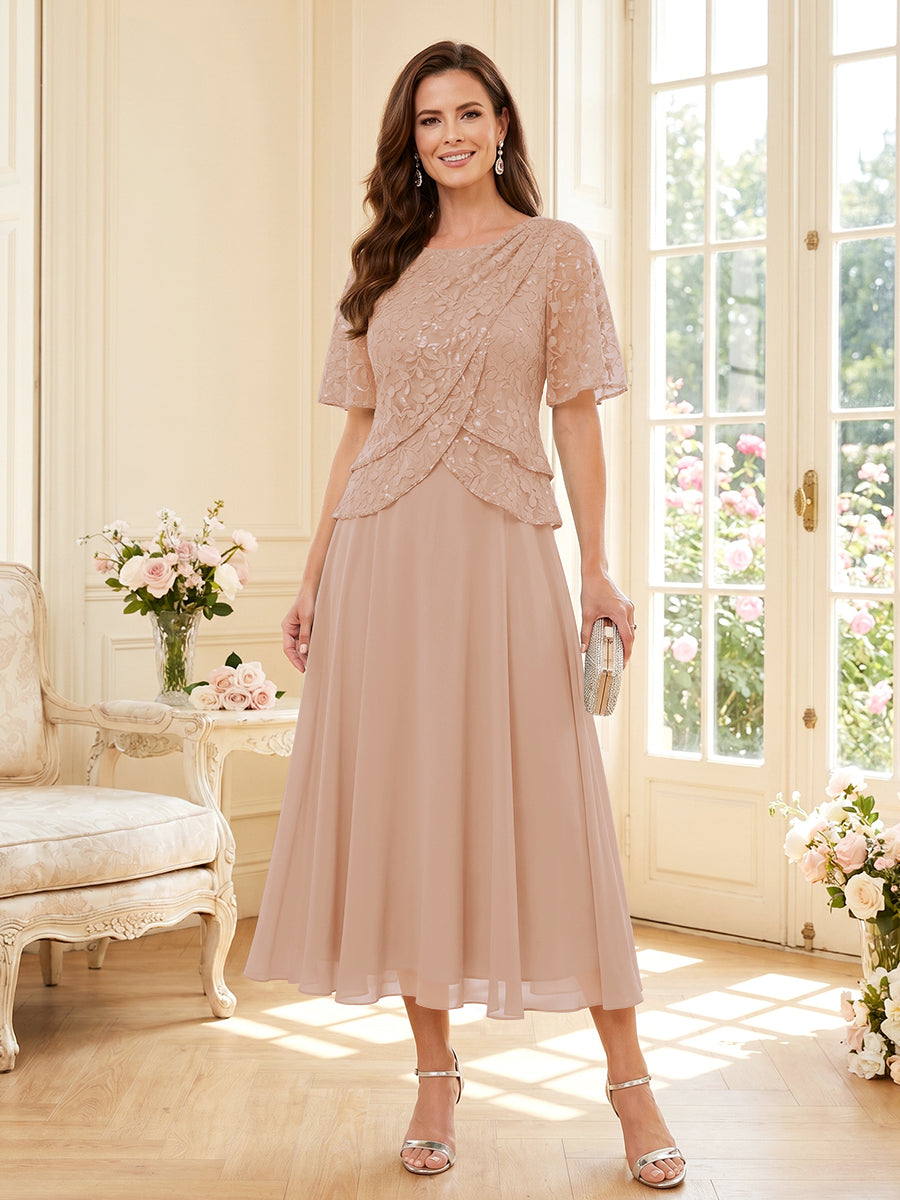 A-Line/Princess Scoop Half Sleeves Tea-Length Mother of the Bride Dresses with Lace &amp; Ruffles