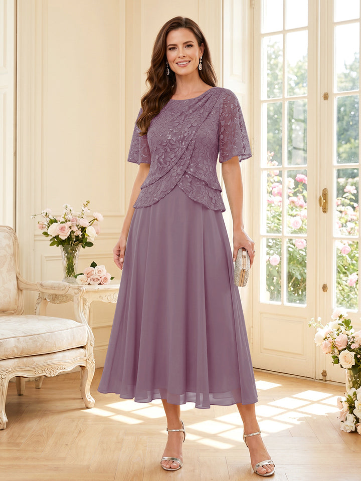 A-Line/Princess Scoop Half Sleeves Tea-Length Mother of the Bride Dresses with Lace &amp; Ruffles