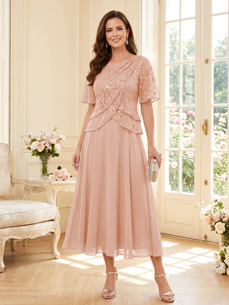 A-Line/Princess Scoop Half Sleeves Tea-Length Mother of the Bride Dresses with Lace &amp; Ruffles