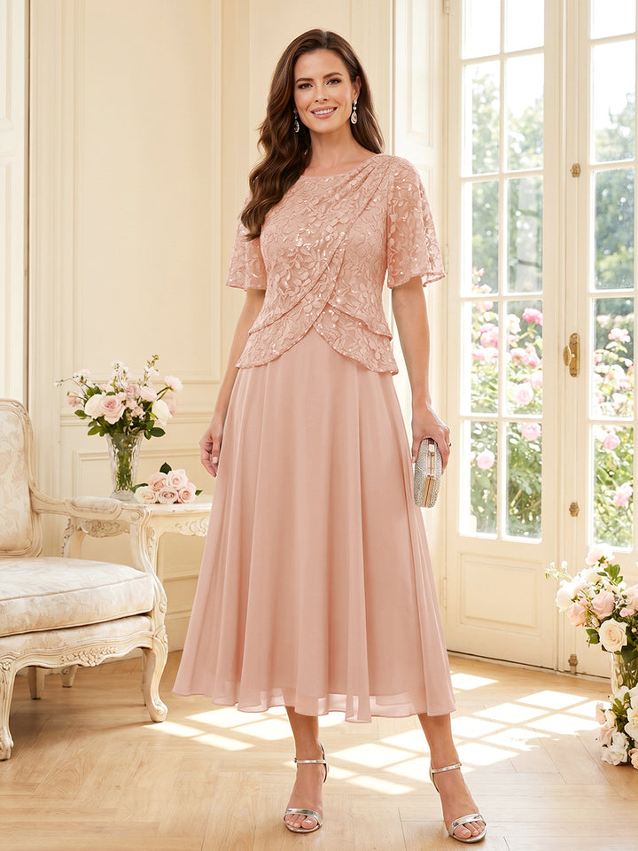 A-Line/Princess Scoop Half Sleeves Tea-Length Mother of the Bride Dresses with Lace &amp; Ruffles