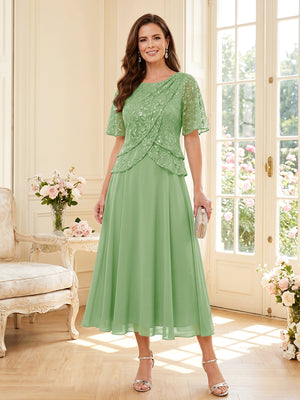 A-Line/Princess Scoop Half Sleeves Tea-Length Mother of the Bride Dresses with Lace & Ruffles