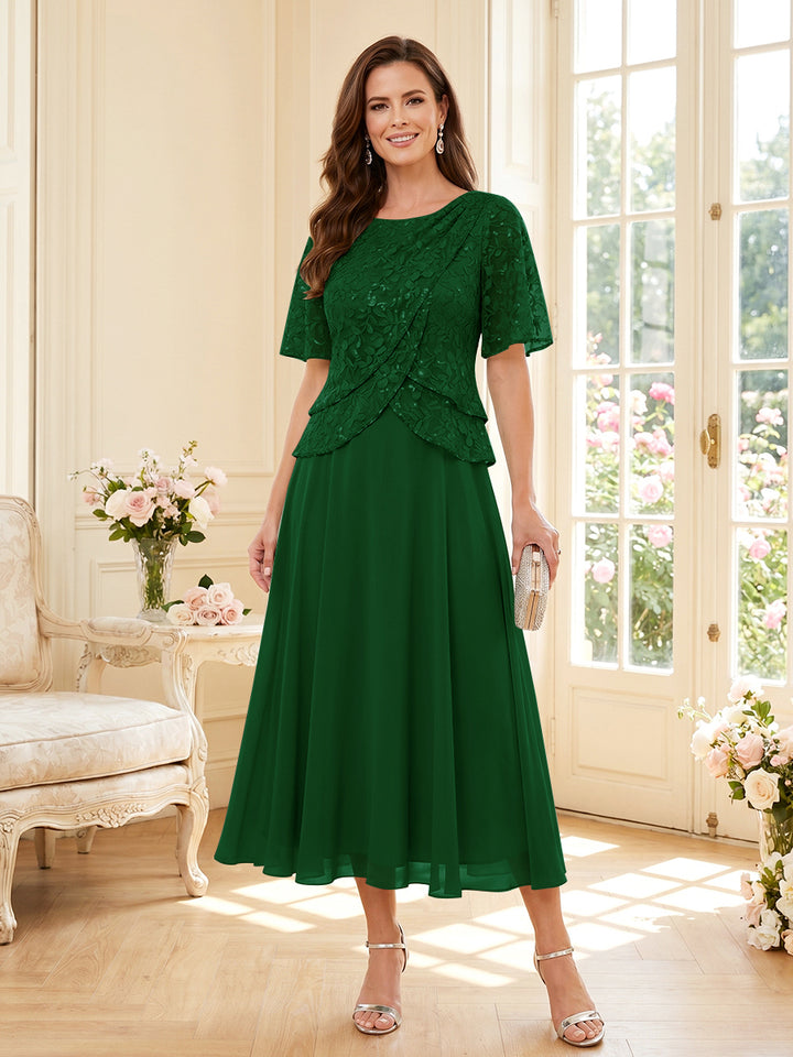 A-Line/Princess Scoop Half Sleeves Tea-Length Mother of the Bride Dresses with Lace &amp; Ruffles