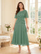 A-Line/Princess Scoop Half Sleeves Tea-Length Mother of the Bride Dresses with Lace & Ruffles