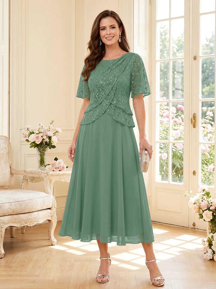 A-Line/Princess Scoop Half Sleeves Tea-Length Mother of the Bride Dresses with Lace &amp; Ruffles