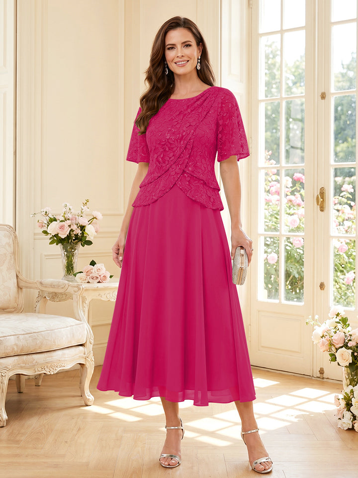 A-Line/Princess Scoop Half Sleeves Tea-Length Mother of the Bride Dresses with Lace &amp; Ruffles