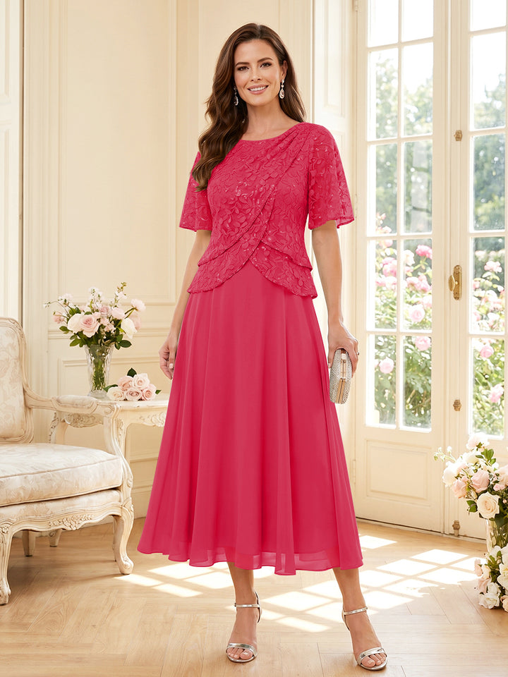A-Line/Princess Scoop Half Sleeves Tea-Length Mother of the Bride Dresses with Lace &amp; Ruffles