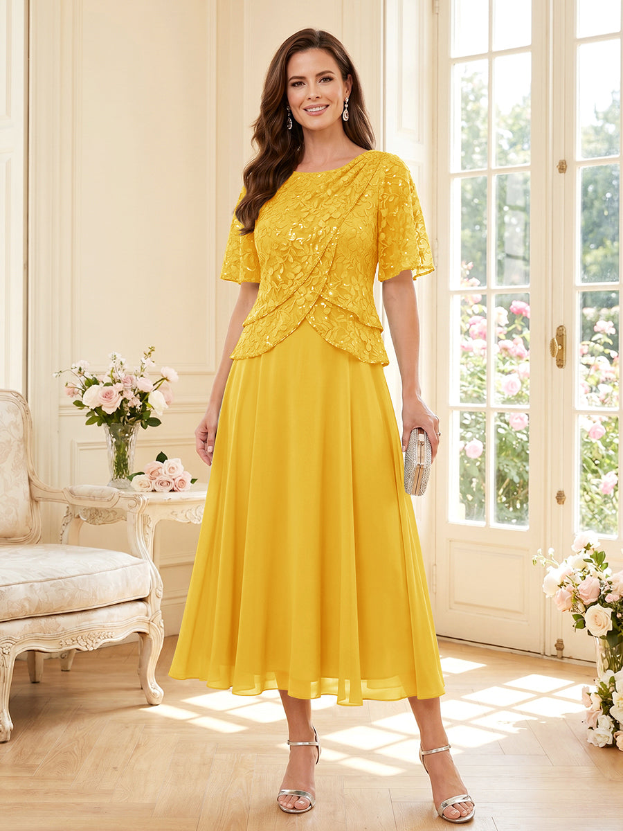 A-Line/Princess Scoop Half Sleeves Tea-Length Mother of the Bride Dresses with Lace &amp; Ruffles