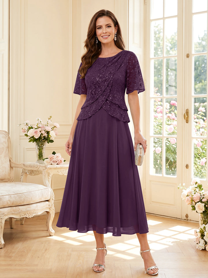 A-Line/Princess Scoop Half Sleeves Tea-Length Mother of the Bride Dresses with Lace &amp; Ruffles