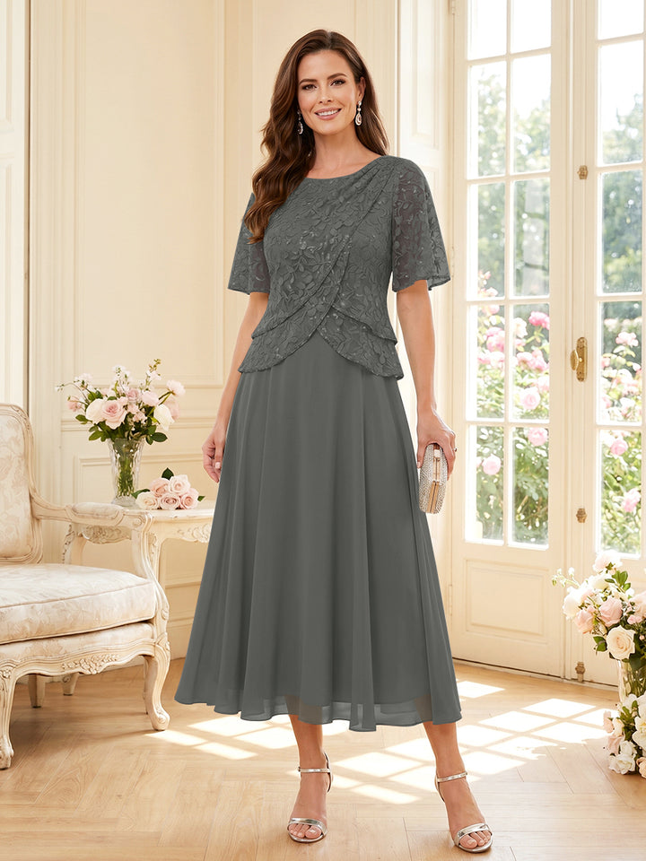 A-Line/Princess Scoop Half Sleeves Tea-Length Mother of the Bride Dresses with Lace &amp; Ruffles