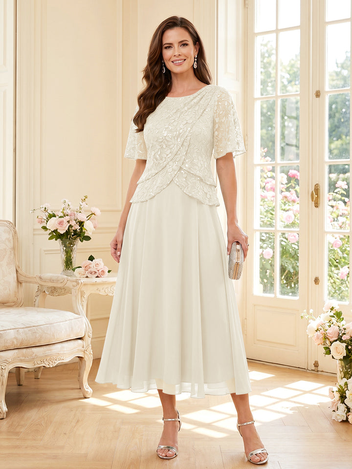 A-Line/Princess Scoop Half Sleeves Tea-Length Mother of the Bride Dresses with Lace &amp; Ruffles