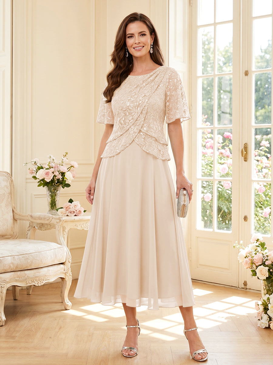 A-Line/Princess Scoop Half Sleeves Tea-Length Mother of the Bride Dresses with Lace &amp; Ruffles