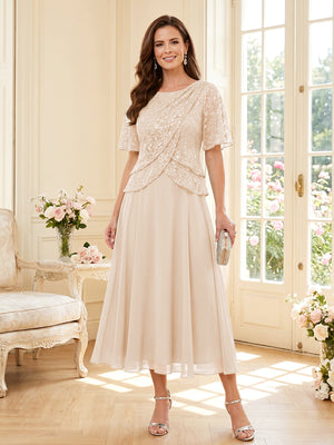 A-Line/Princess Scoop Half Sleeves Tea-Length Mother of the Bride Dresses with Lace & Ruffles