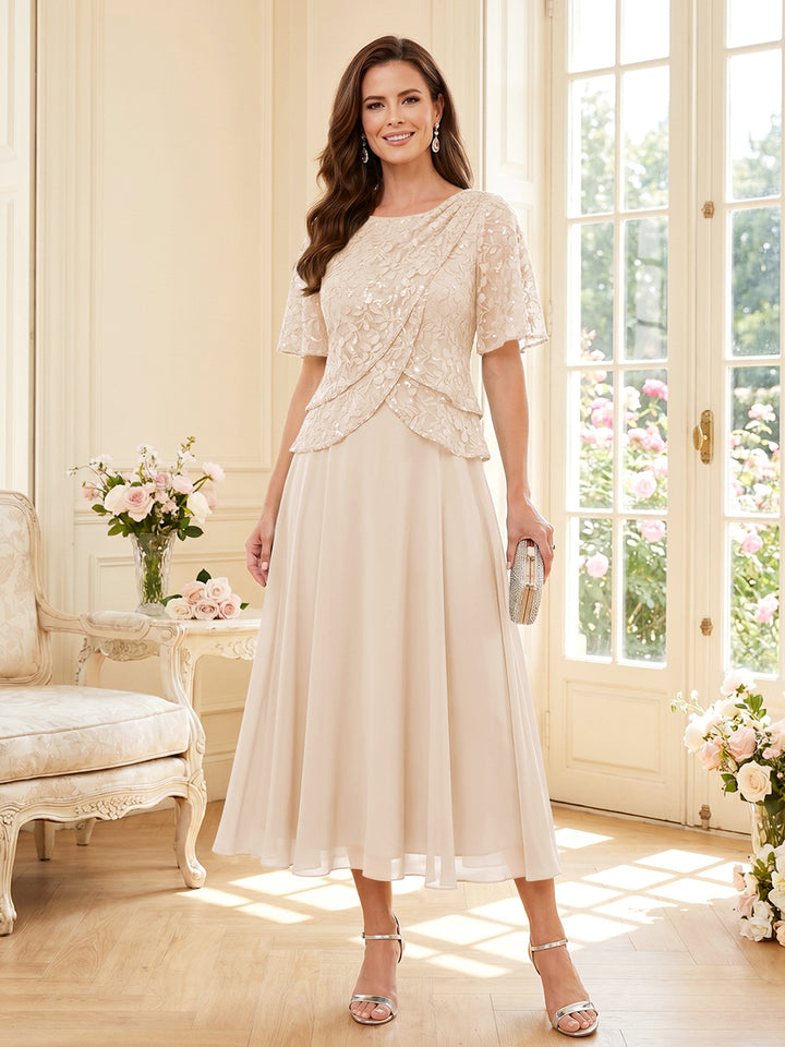 A-Line/Princess Scoop Half Sleeves Tea-Length Mother of the Bride Dresses with Lace &amp; Ruffles