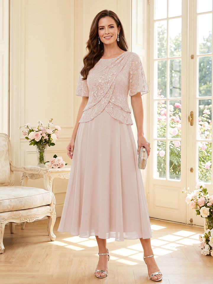 A-Line/Princess Scoop Half Sleeves Tea-Length Mother of the Bride Dresses with Lace &amp; Ruffles