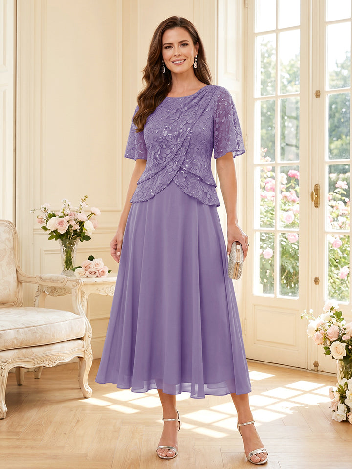 A-Line/Princess Scoop Half Sleeves Tea-Length Mother of the Bride Dresses with Lace &amp; Ruffles
