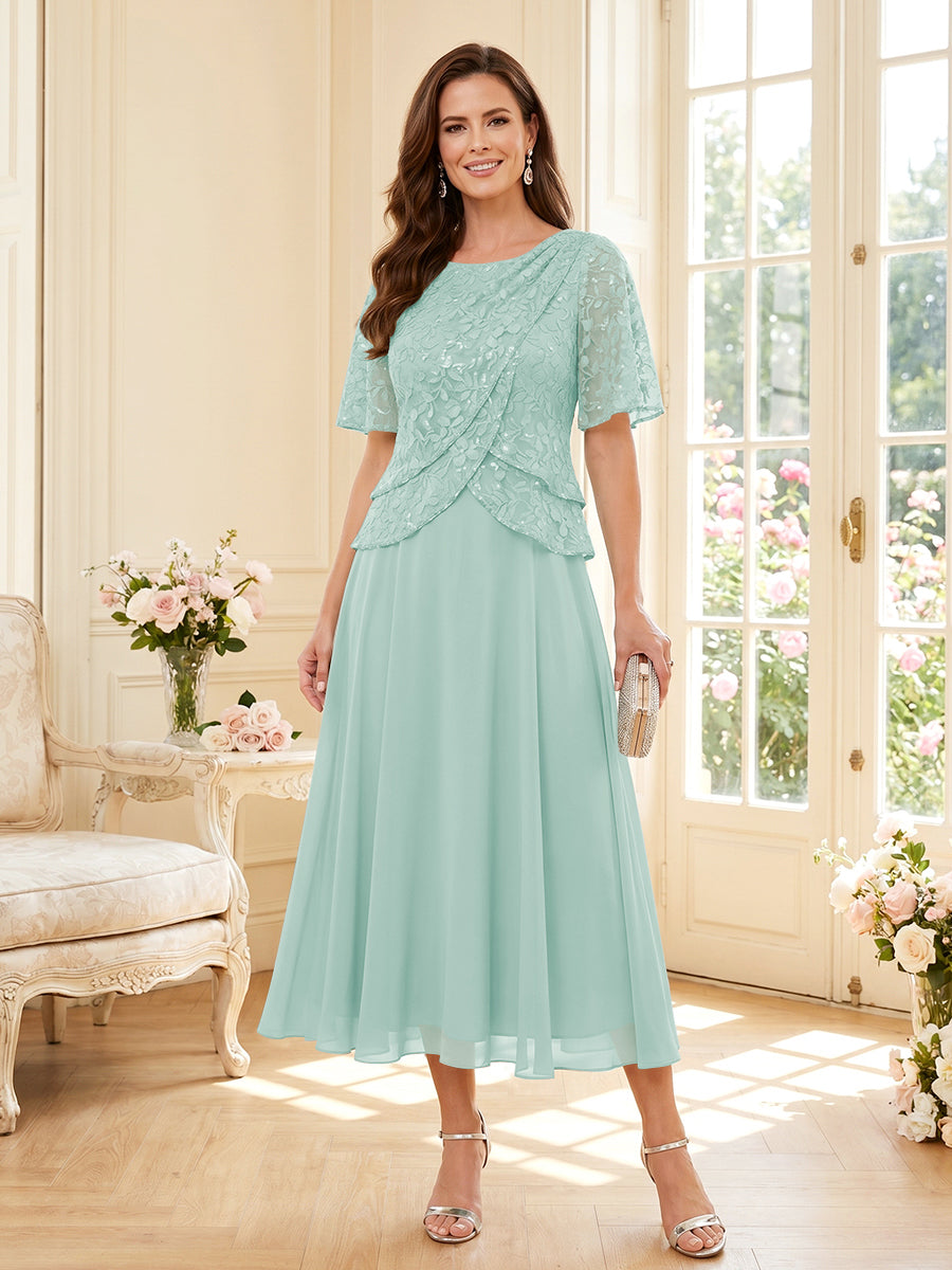 A-Line/Princess Scoop Half Sleeves Tea-Length Mother of the Bride Dresses with Lace &amp; Ruffles