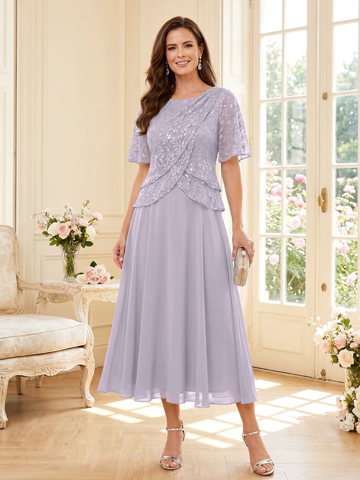 A-Line/Princess Scoop Half Sleeves Tea-Length Mother of the Bride Dresses with Lace &amp; Ruffles