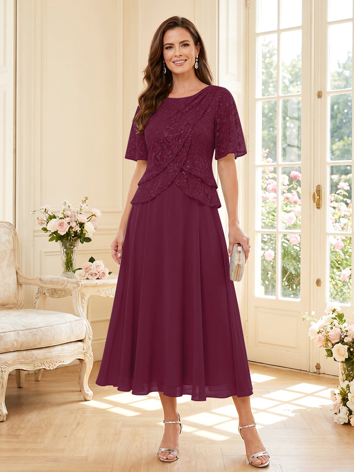 A-Line/Princess Scoop Half Sleeves Tea-Length Mother of the Bride Dresses with Lace &amp; Ruffles