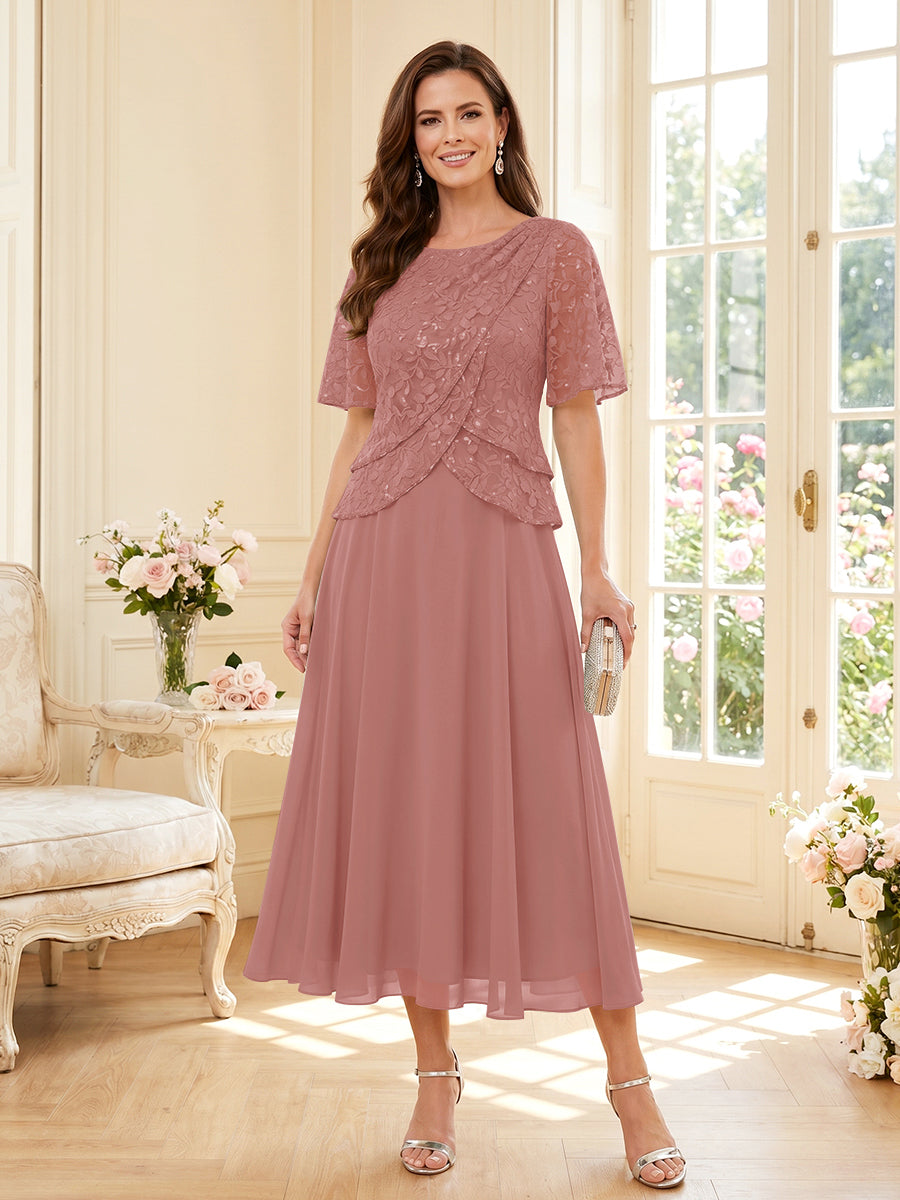 A-Line/Princess Scoop Half Sleeves Tea-Length Mother of the Bride Dresses with Lace &amp; Ruffles