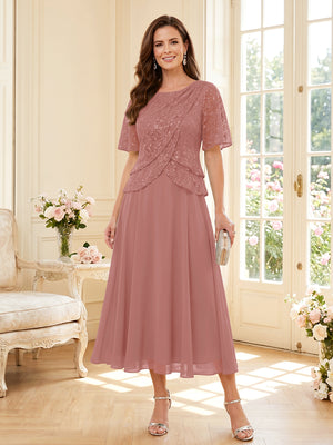 A-Line/Princess Scoop Half Sleeves Tea-Length Mother of the Bride Dresses with Lace & Ruffles
