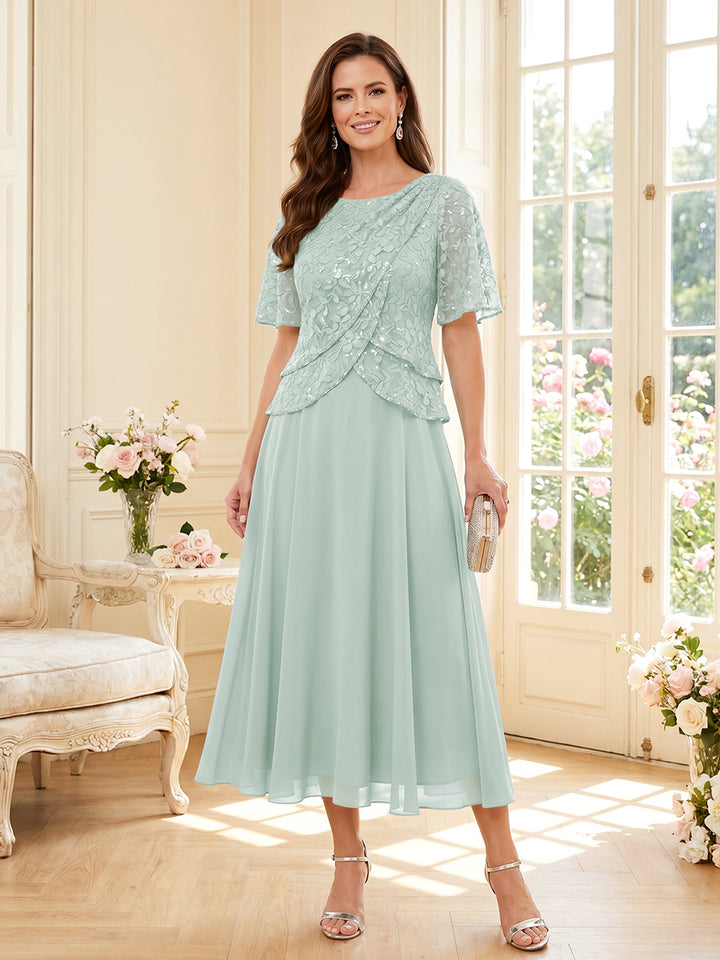 A-Line/Princess Scoop Half Sleeves Tea-Length Mother of the Bride Dresses with Lace &amp; Ruffles