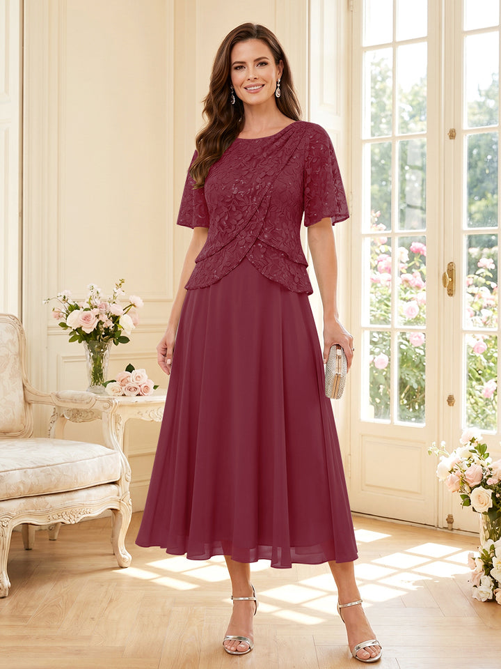 A-Line/Princess Scoop Half Sleeves Tea-Length Mother of the Bride Dresses with Lace &amp; Ruffles
