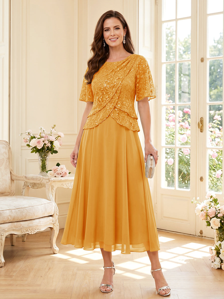 A-Line/Princess Scoop Half Sleeves Tea-Length Mother of the Bride Dresses with Lace &amp; Ruffles