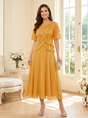 A-Line/Princess Scoop Half Sleeves Tea-Length Mother of the Bride Dresses with Lace & Ruffles