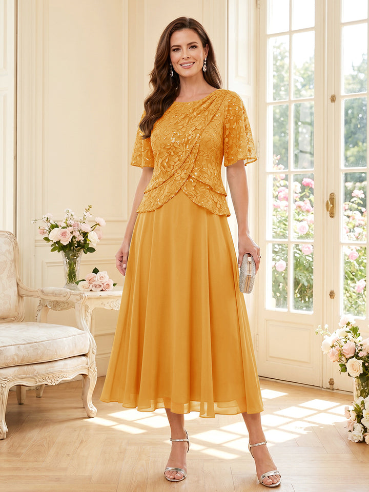 A-Line/Princess Scoop Half Sleeves Tea-Length Mother of the Bride Dresses with Lace &amp; Ruffles