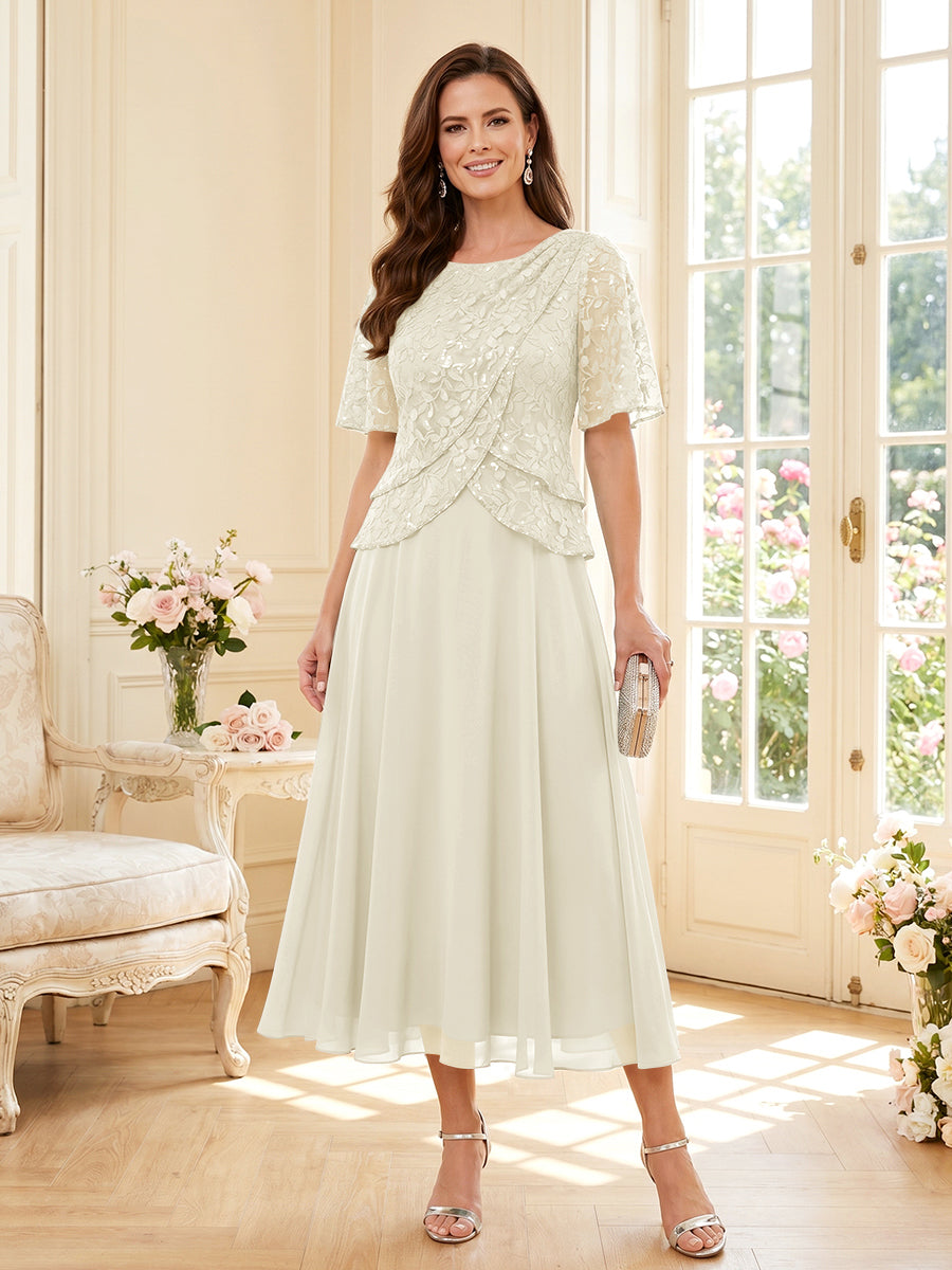 A-Line/Princess Scoop Half Sleeves Tea-Length Mother of the Bride Dresses with Lace &amp; Ruffles