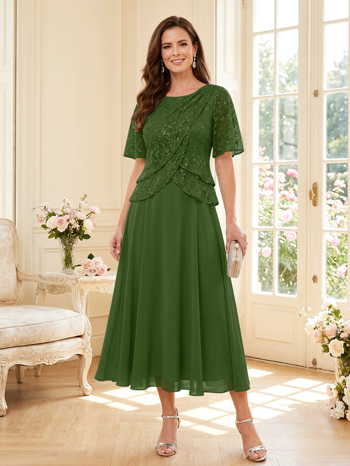 A-Line/Princess Scoop Half Sleeves Tea-Length Mother of the Bride Dresses with Lace &amp; Ruffles