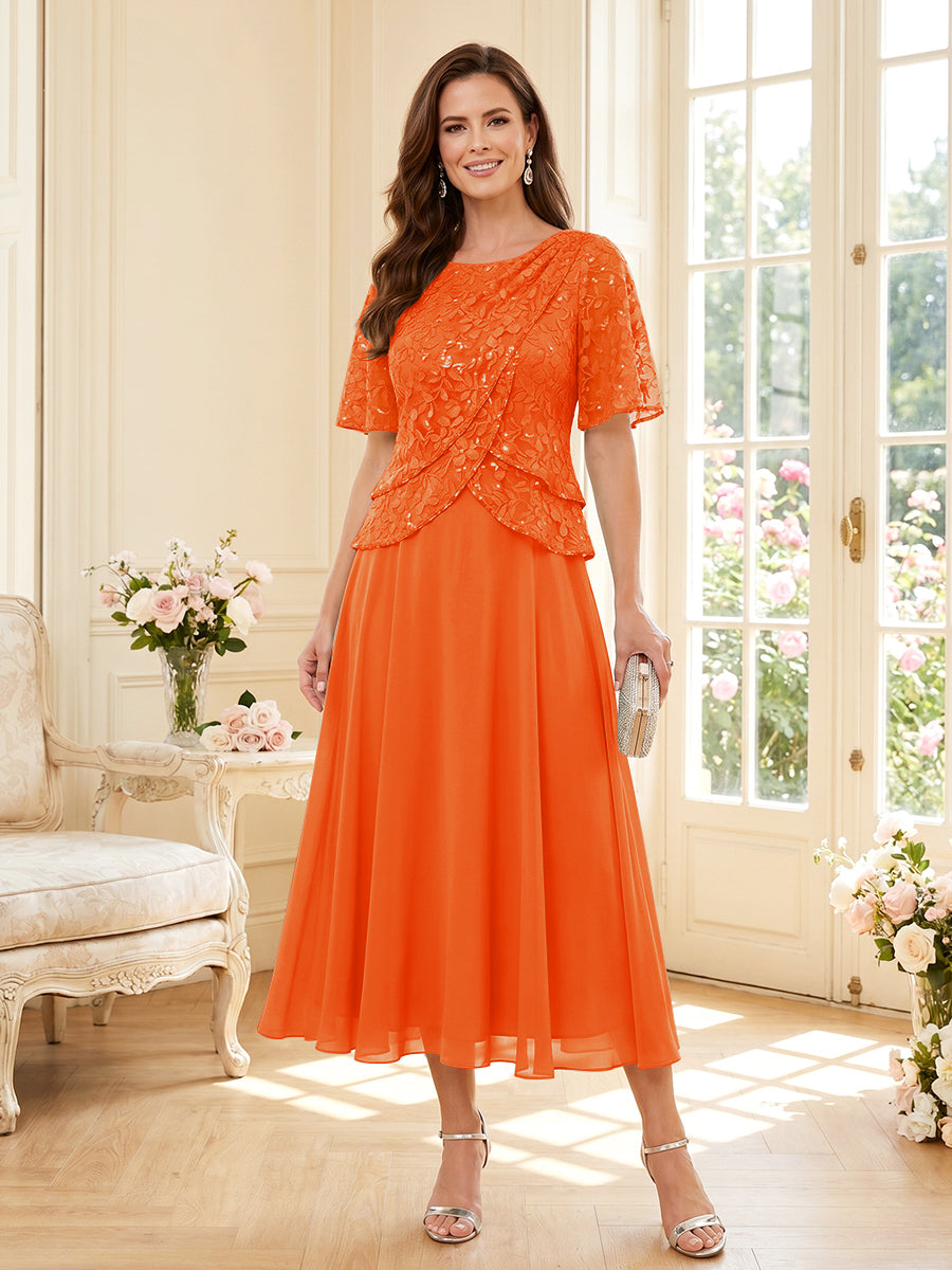A-Line/Princess Scoop Half Sleeves Tea-Length Mother of the Bride Dresses with Lace &amp; Ruffles
