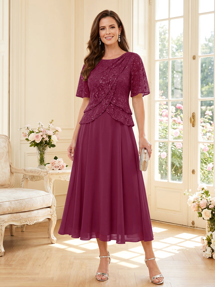 A-Line/Princess Scoop Half Sleeves Tea-Length Mother of the Bride Dresses with Lace &amp; Ruffles