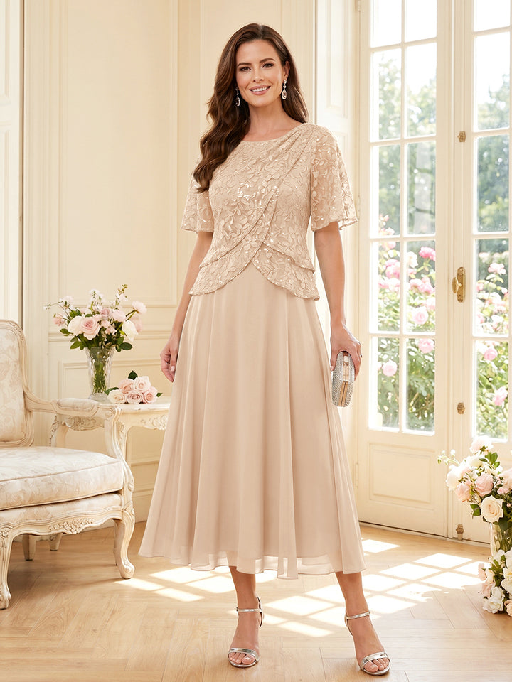 A-Line/Princess Scoop Half Sleeves Tea-Length Mother of the Bride Dresses with Lace &amp; Ruffles