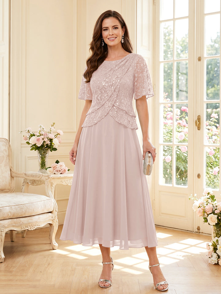 A-Line/Princess Scoop Half Sleeves Tea-Length Mother of the Bride Dresses with Lace &amp; Ruffles