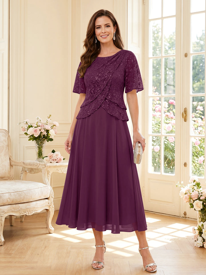 A-Line/Princess Scoop Half Sleeves Tea-Length Mother of the Bride Dresses with Lace &amp; Ruffles