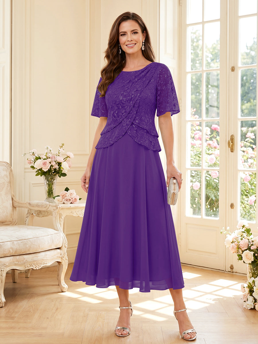 A-Line/Princess Scoop Half Sleeves Tea-Length Mother of the Bride Dresses with Lace &amp; Ruffles