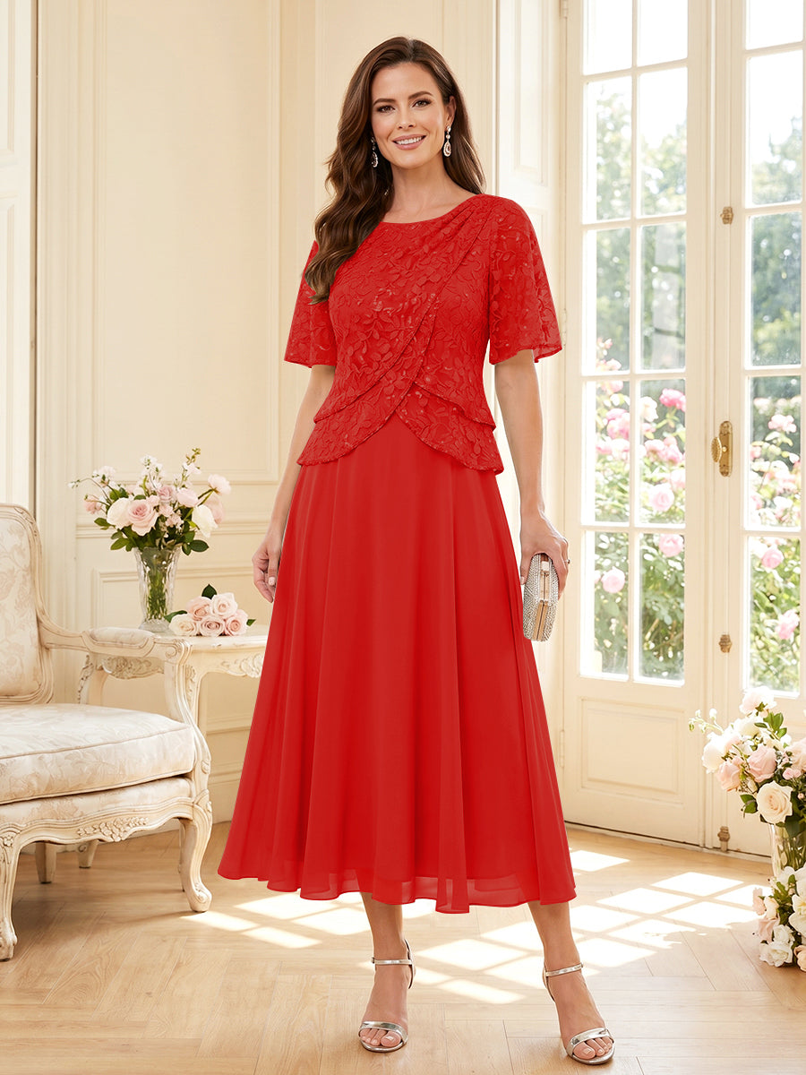 A-Line/Princess Scoop Half Sleeves Tea-Length Mother of the Bride Dresses with Lace &amp; Ruffles