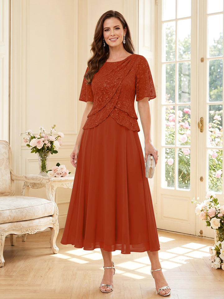 A-Line/Princess Scoop Half Sleeves Tea-Length Mother of the Bride Dresses with Lace &amp; Ruffles