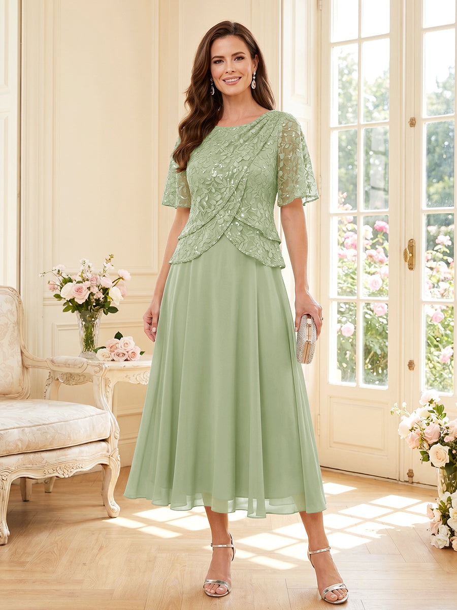 A-Line/Princess Scoop Half Sleeves Tea-Length Mother of the Bride Dresses with Lace &amp; Ruffles
