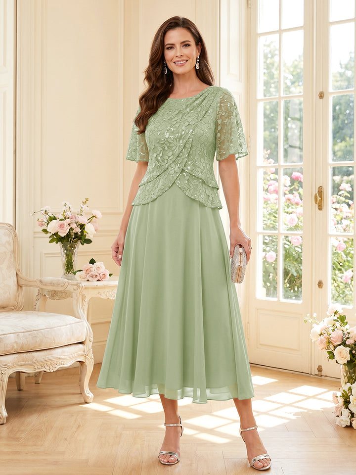A-Line/Princess Scoop Half Sleeves Tea-Length Mother of the Bride Dresses with Lace &amp; Ruffles