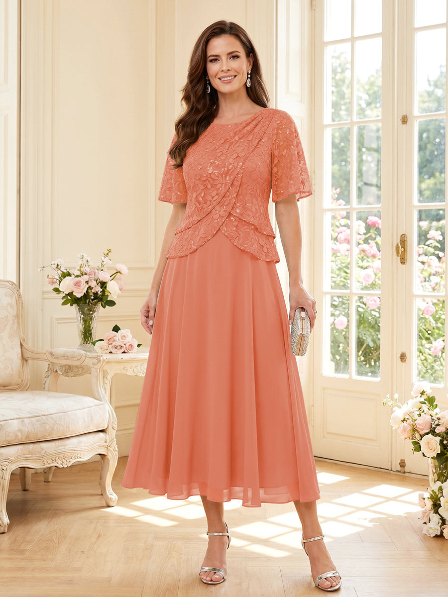 A-Line/Princess Scoop Half Sleeves Tea-Length Mother of the Bride Dresses with Lace &amp; Ruffles