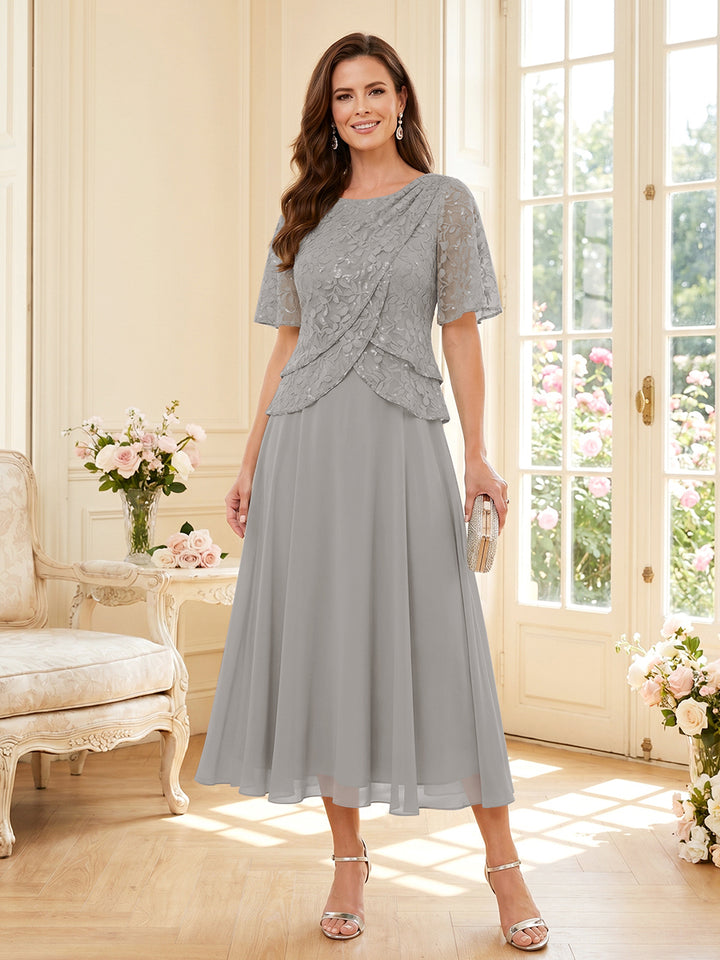 A-Line/Princess Scoop Half Sleeves Tea-Length Mother of the Bride Dresses with Lace &amp; Ruffles