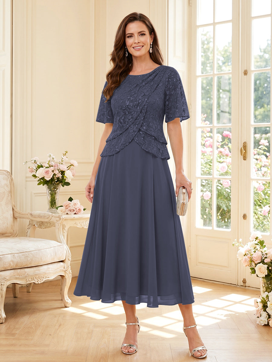 A-Line/Princess Scoop Half Sleeves Tea-Length Mother of the Bride Dresses with Lace & Ruffles